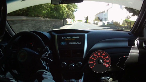Mark Higgins at the wheel of the Subaru Impreza in Sulby